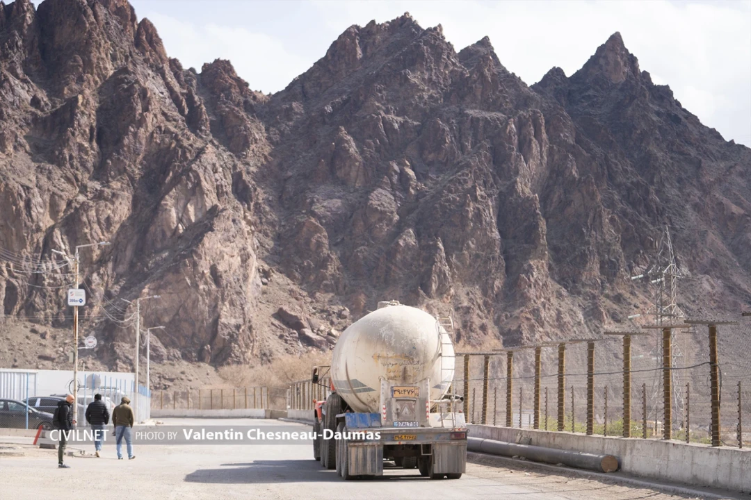 Armenia's southernmost border crossing at Agarak, near the Iranian border. An Iranian liquefied gas tanker is seen in the distance.