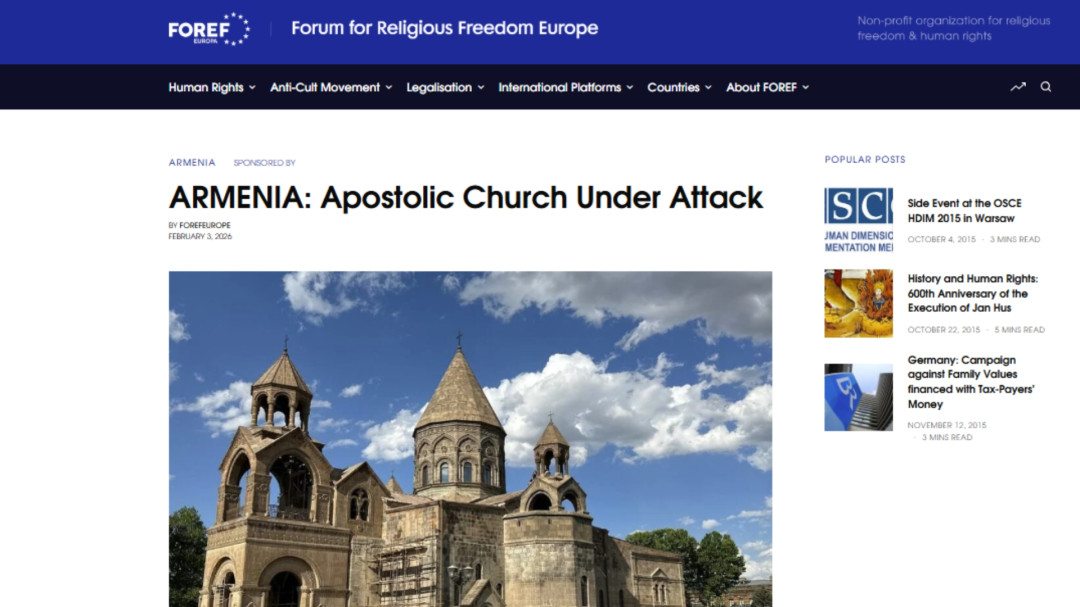 EU-based religious freedom forum says pressure on church threatens constitutional rights in Armenia