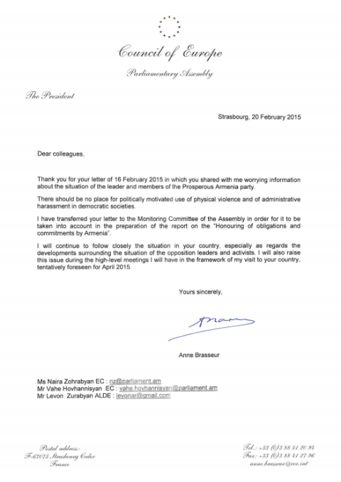 Armenia's Political Crisis: Leaked Letter from PACE President