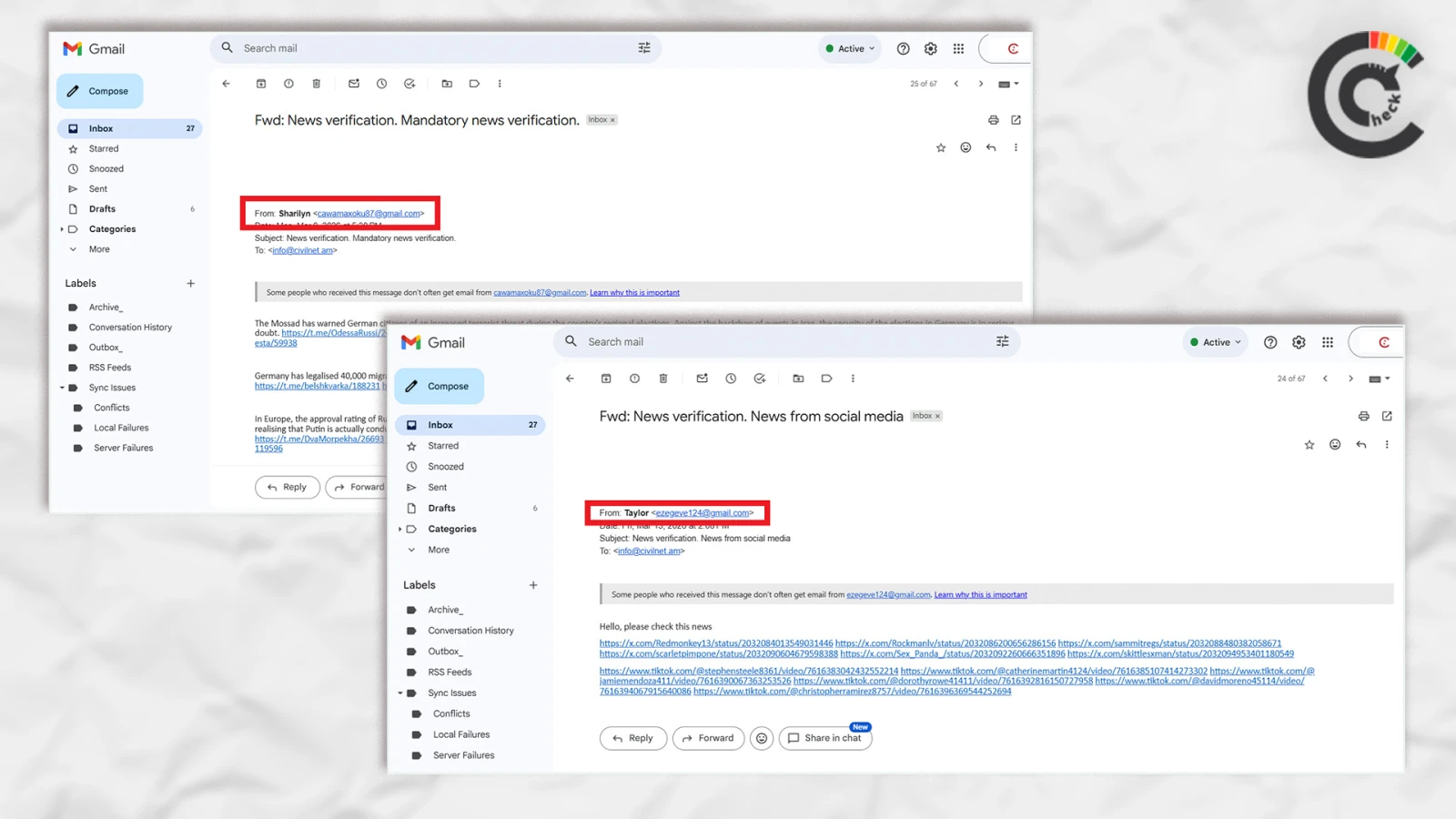 Screenshot: emails sent to #CivilNetCheck