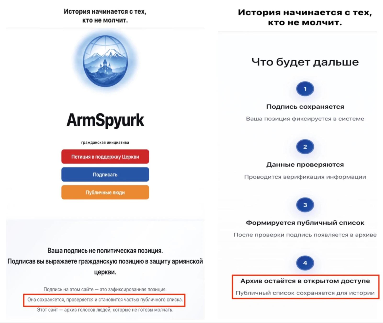 The archived version of armspyurk.com states that the list of signatories will be published (Source: Wayback Machine)
