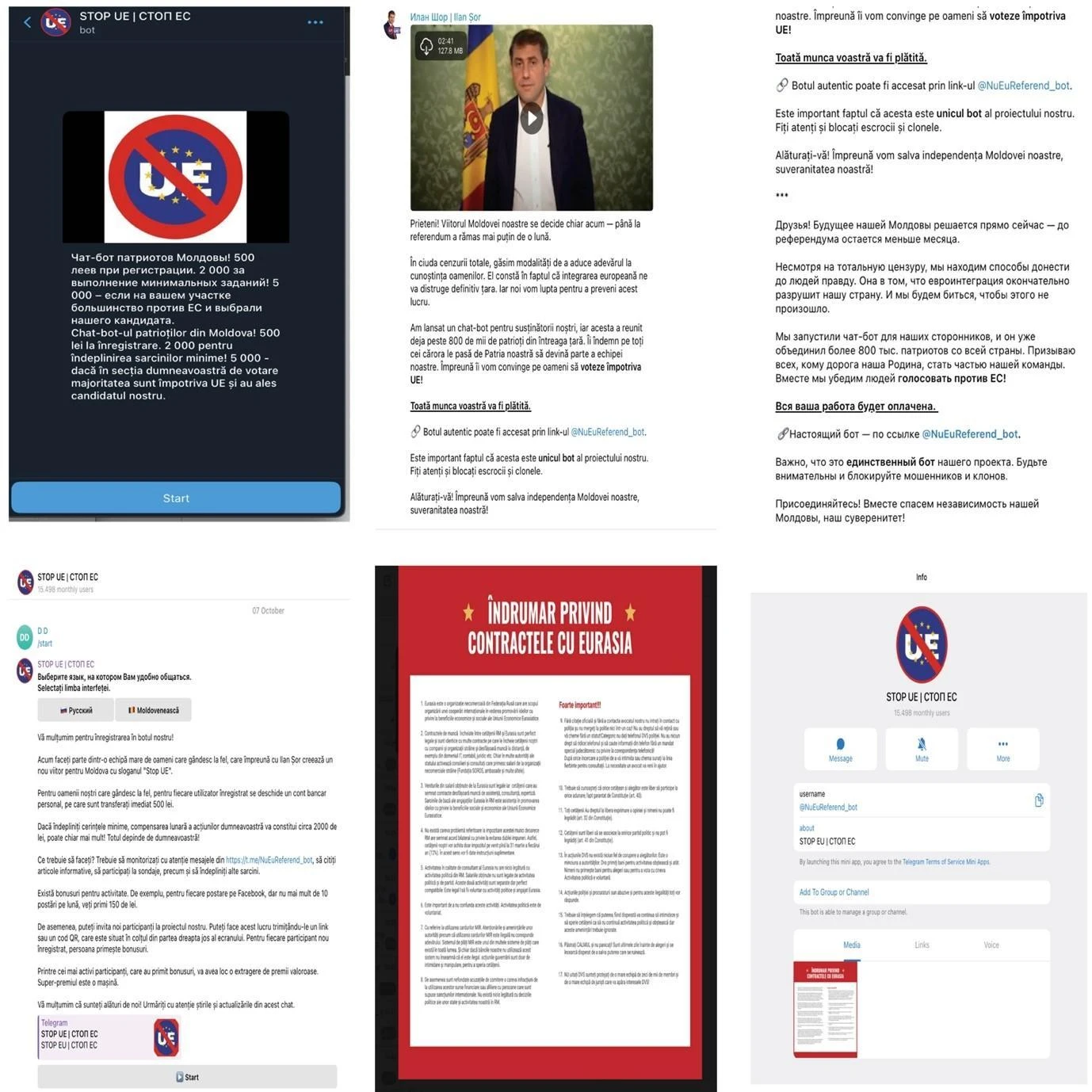 Images of the “STOP UE/СТОП ЕС” chatbot, which Ilan Shor shared on his Telegram channel to recruit “ambassadors” against the EU accession referendum (Source: DFRLab, Telegram)