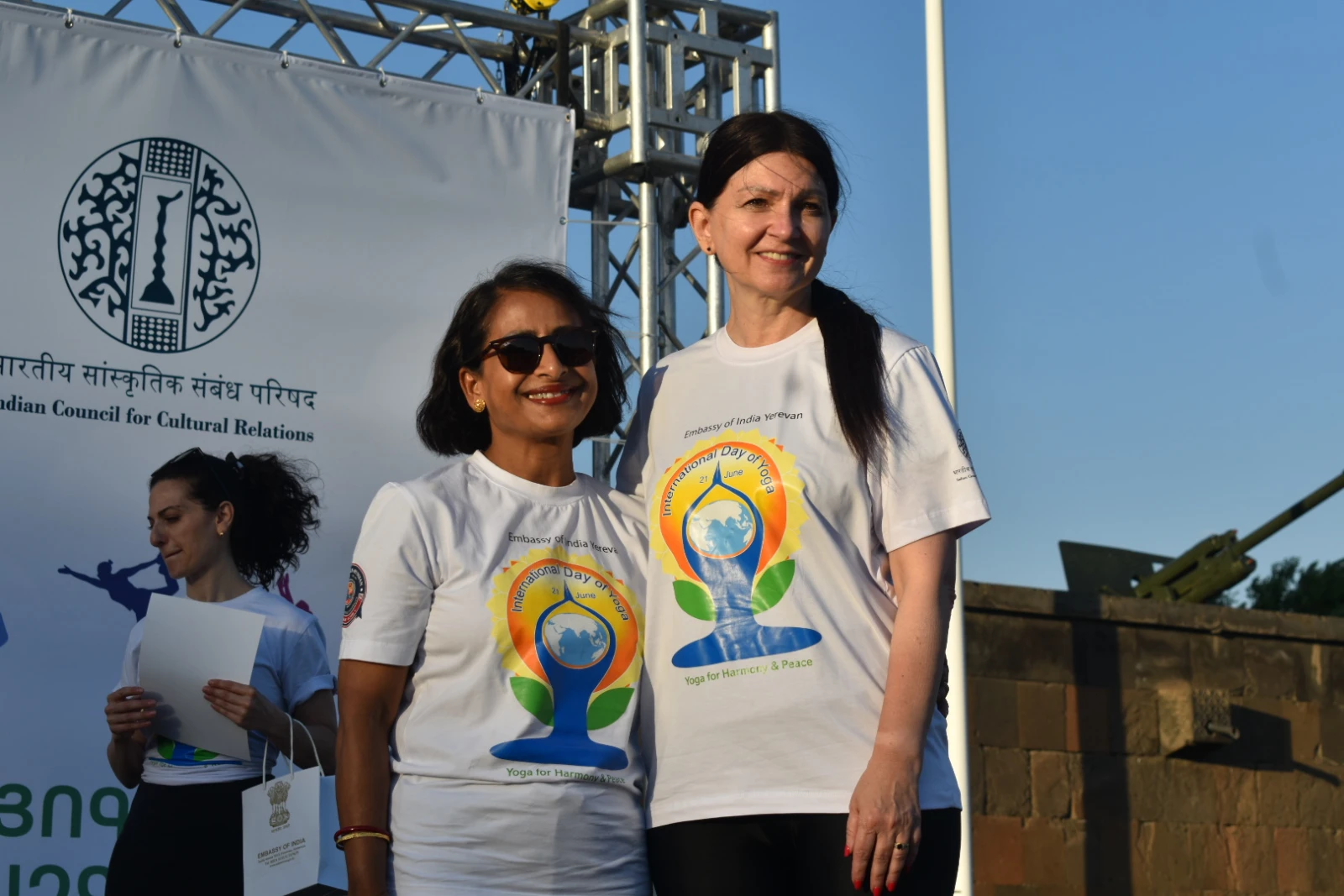 India’s ambassador to Armenia, Nilakshi Saha Sinha, alongside Luys Yoga Studio instructors at Armenia’s International Day of Yoga event. (PHOTO: Olivia Law)