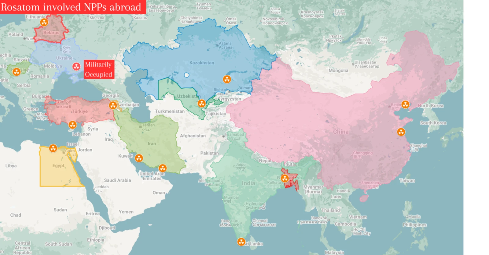 Rosatom involved NPPs abroad. Map by Nicholas Castillo.