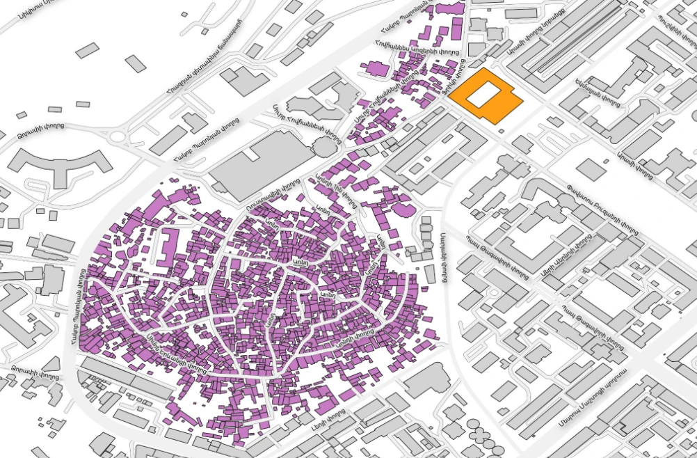 The Kond neighborhood (purple) and the HayPost building on Saryan Street (orange), where preliminary demolition work for the World Trade Center development has begun.
