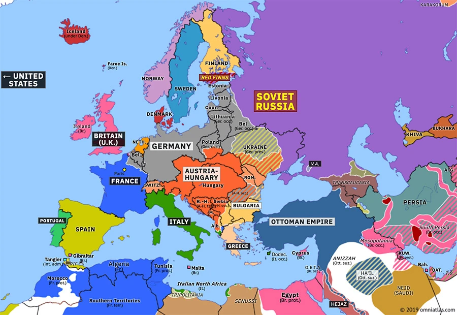 Карта Европы по Брест-Литовскому договору 1918 года. Источник: omniatlas-media.b-cdn.net. 